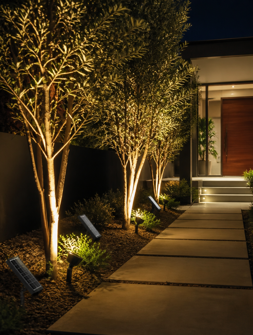 WESTMERE SolarGlow Wall Lamp uplighting trees on walkway