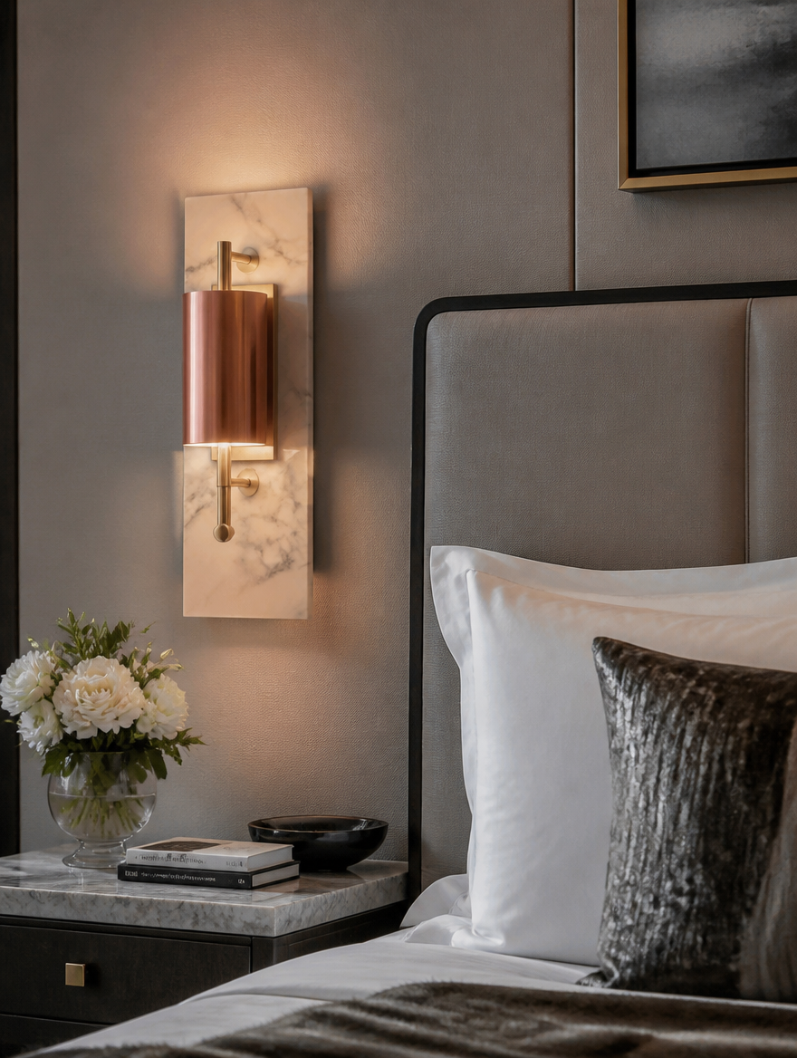WESTMERE LuxeGlow Crystal Wall Sconce beside a bed