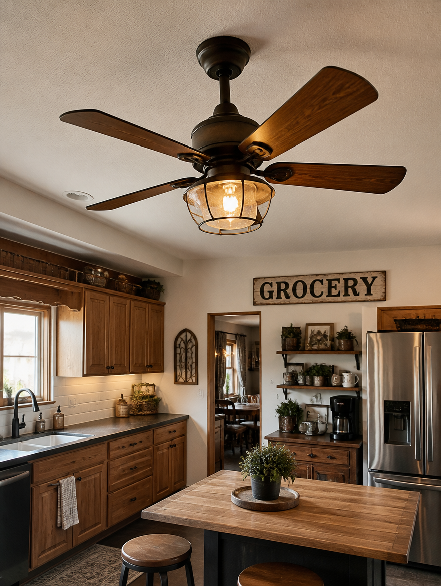 WESTMERE IronForge Industrial Fan in a farmhouse kitchen