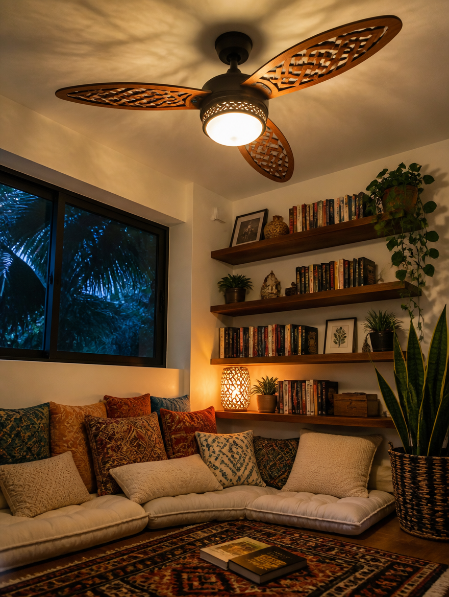 WESTMERE ZenBreeze Decorative Fan Light in a reading nook