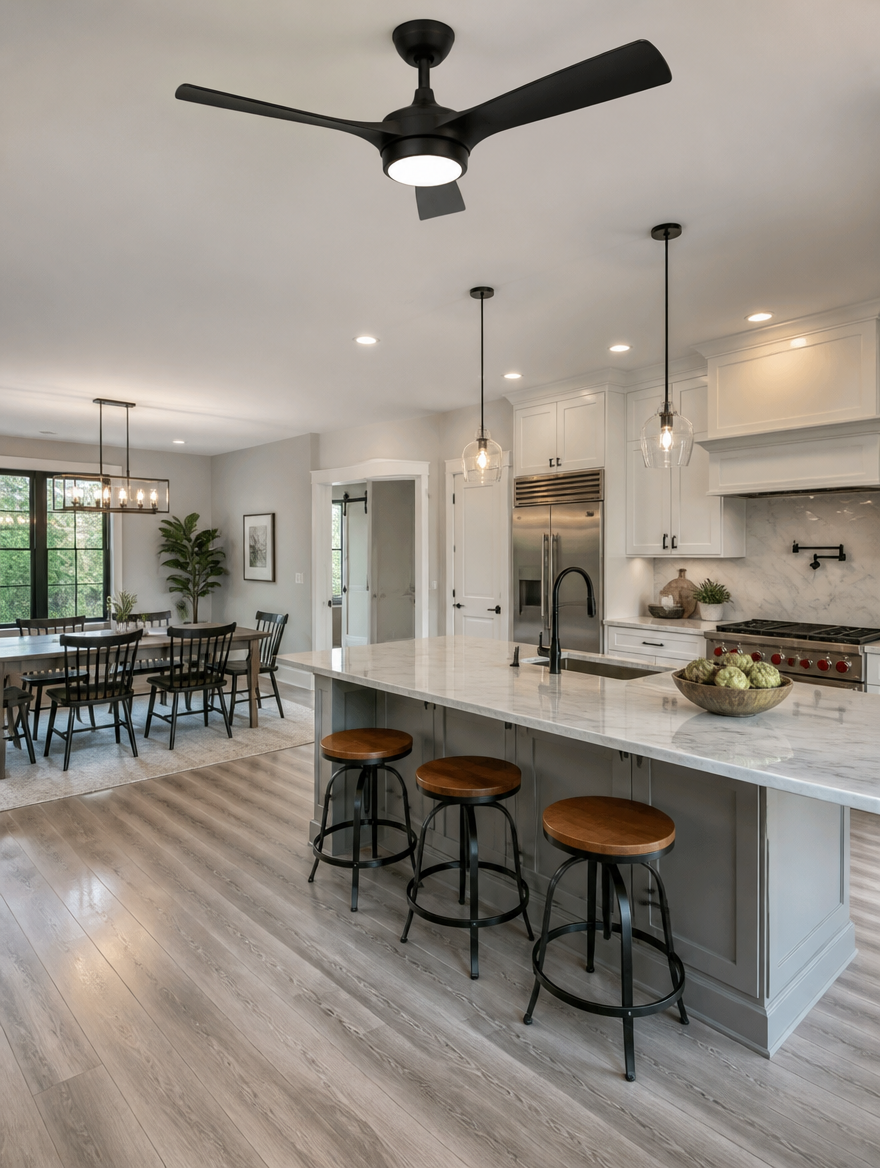 WESTMERE AirFlow Ceiling Fan Light in an open kitchen