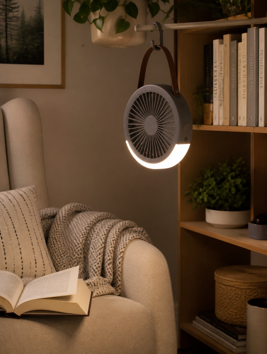 WESTMERE BreezeCamp Portable Fan in a reading corner