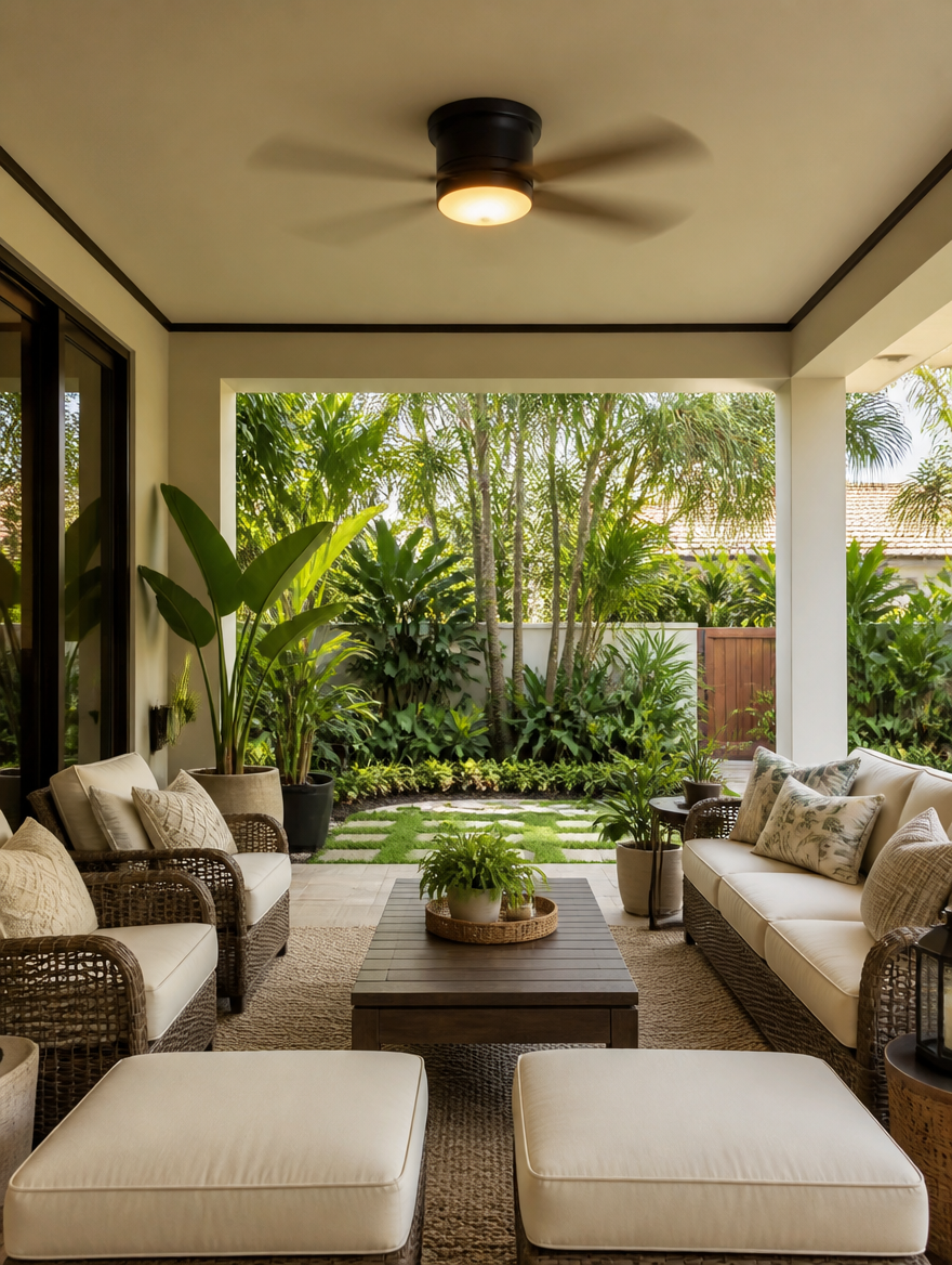 WESTMERE SlimLine Low-Profile Fan on a covered patio