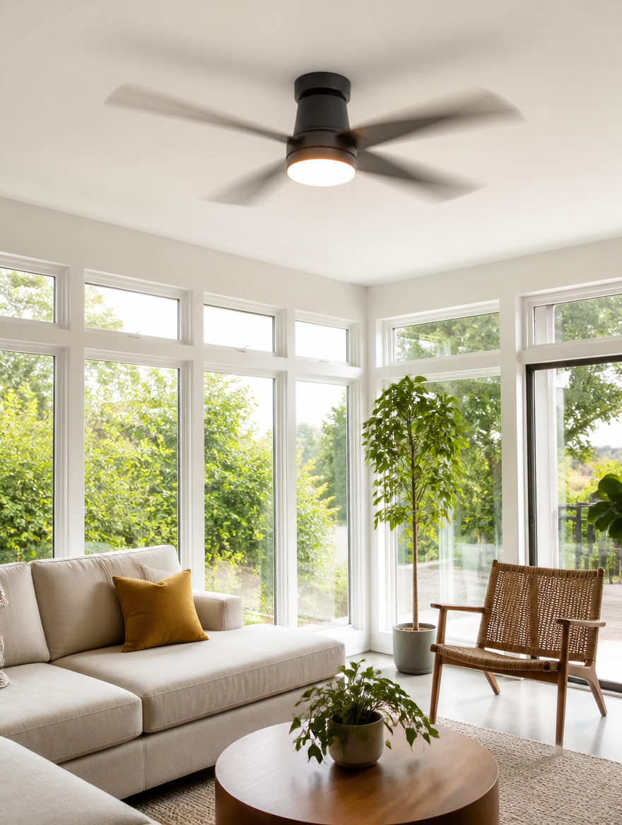WESTMERE SlimLine Low-Profile Fan in a bright sunroom