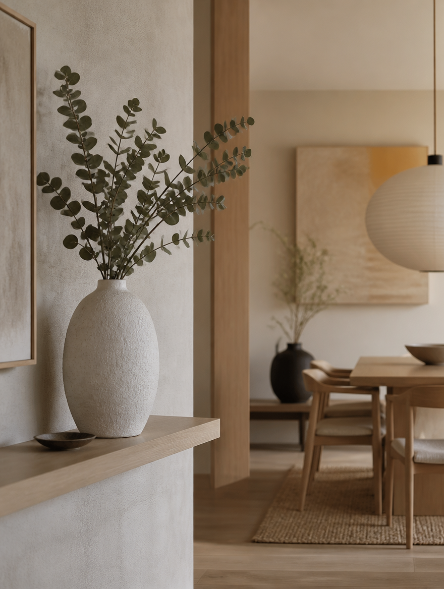 WESTMERE PureForm Ceramic Vase Set on floating shelf in Japandi dining area