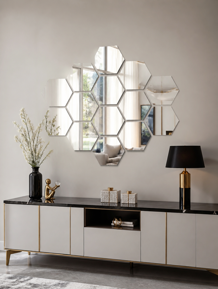 WESTMERE HexMirror Wall Decor Set in modern living room