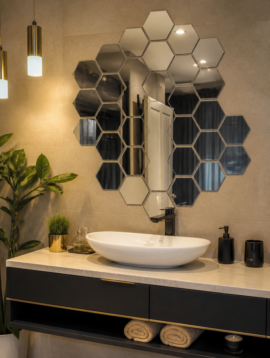 WESTMERE HexMirror Wall Decor Set in bathroom vanity