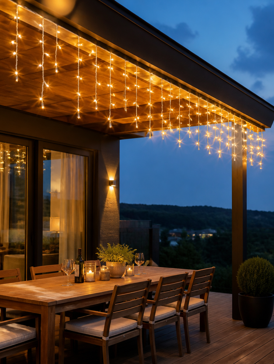 WESTMERE SolarIcicle String Lights on patio at dusk