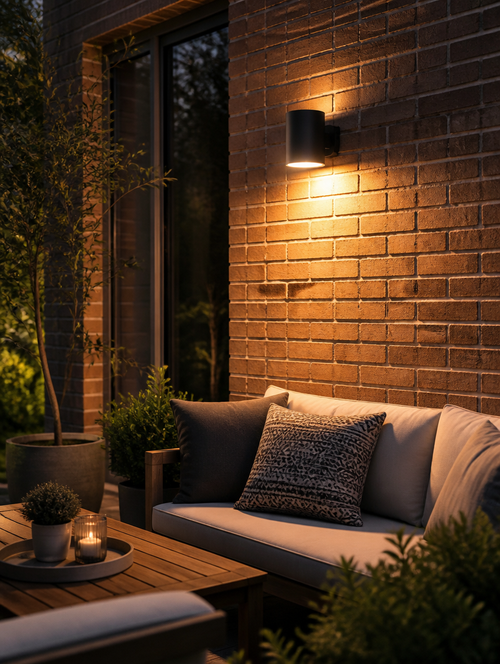 WESTMERE StormGuard Outdoor Wall Light on garden patio