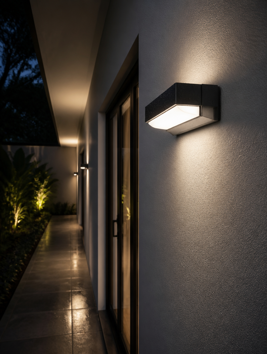WESTMERE StormGuard Outdoor Wall Light illuminating walkway