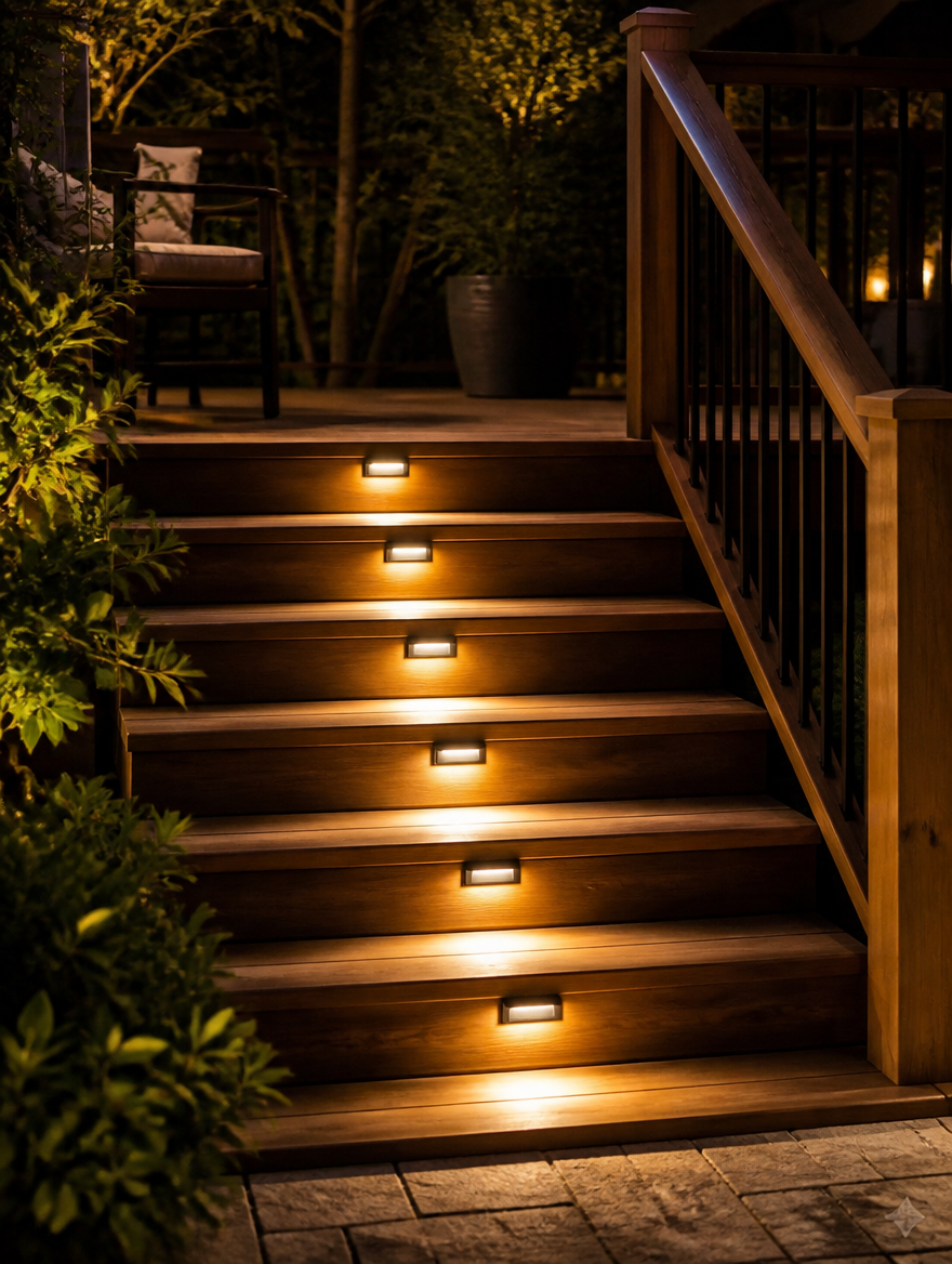WESTMERE SolarStep Deck Lights on wooden deck railing