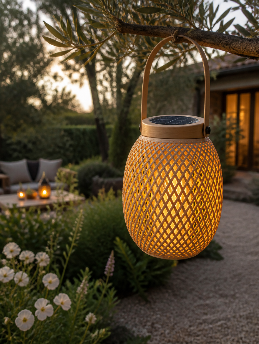 WESTMERE SolarWeave Boho Lantern in garden at sunset
