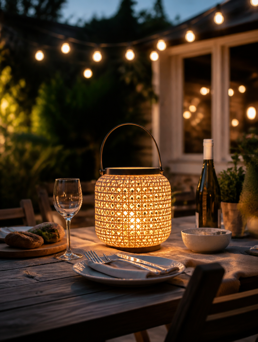 WESTMERE SolarWeave Boho Lantern at outdoor dining