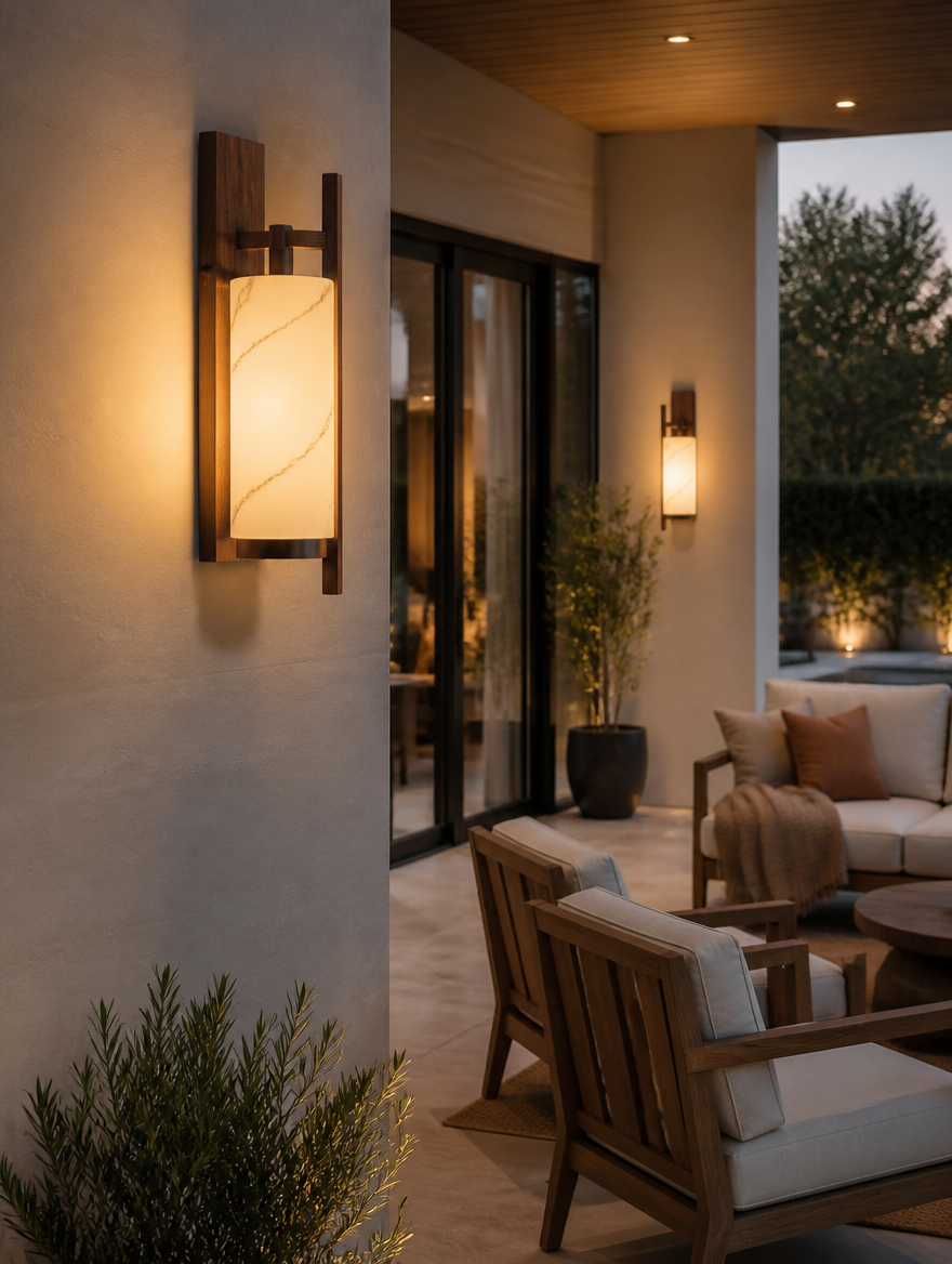 WESTMERE StormGuard Outdoor Wall Light on patio at twilight