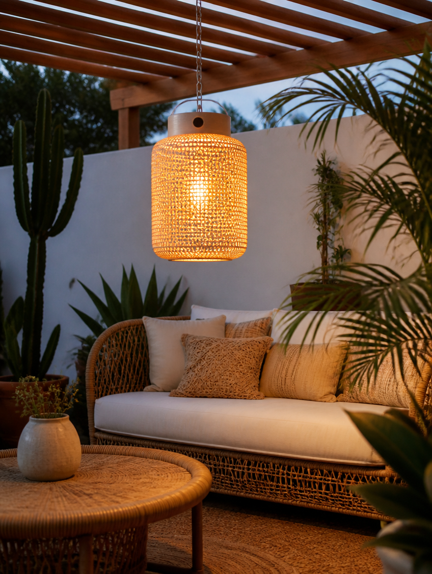 WESTMERE SolarWeave Boho Lantern hanging from pergola