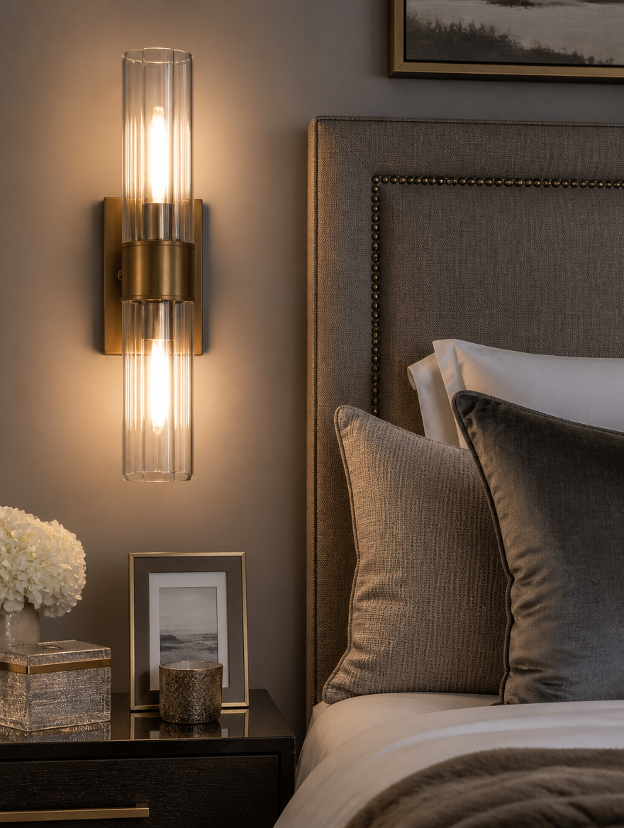 WESTMERE LuxeGlow Crystal Wall Sconce beside bed