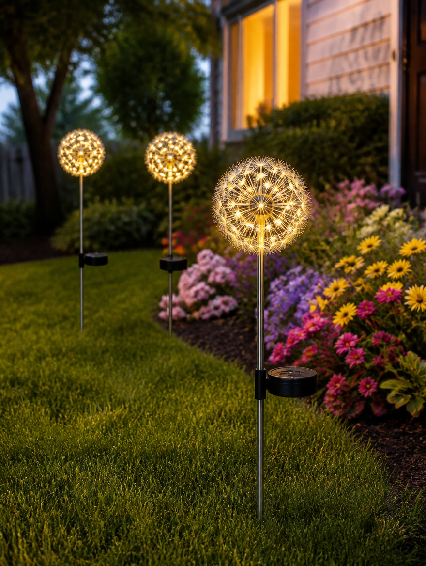 Solar dandelion garden lights glowing in lawn at twilight