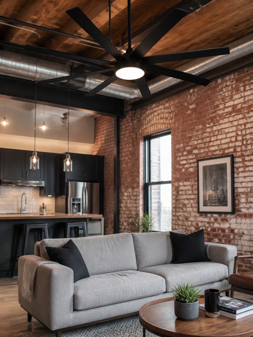 Black ceiling fan with LED light in industrial loft