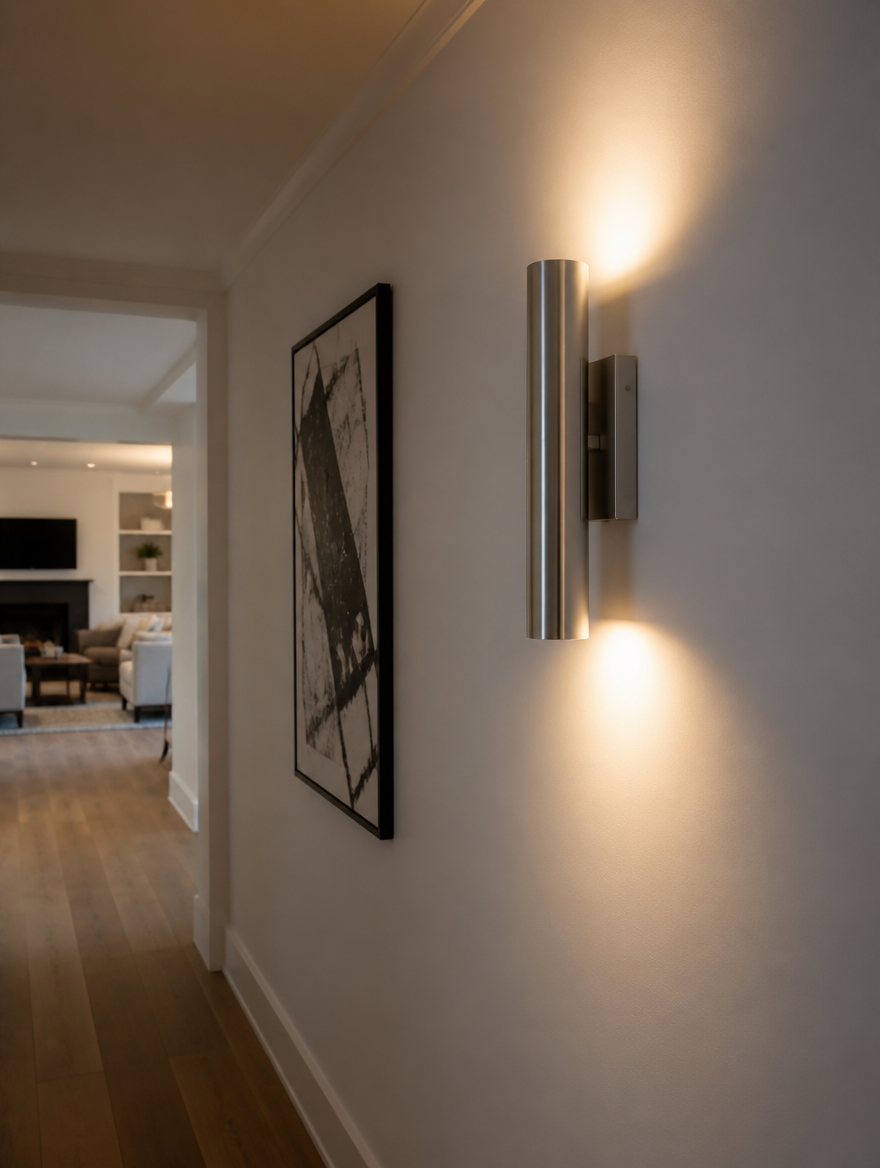 Aluminum wall sconce in interior hallway