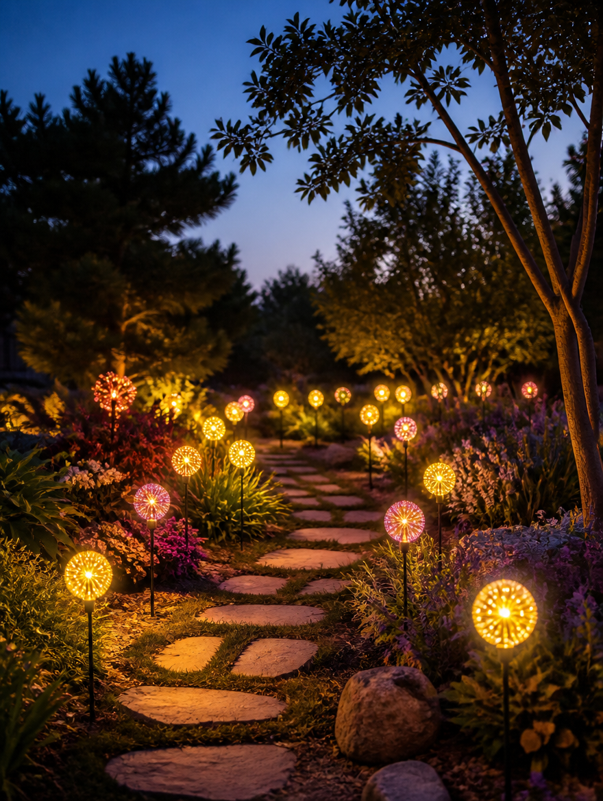 Solar dandelion lights along garden pathway at dusk