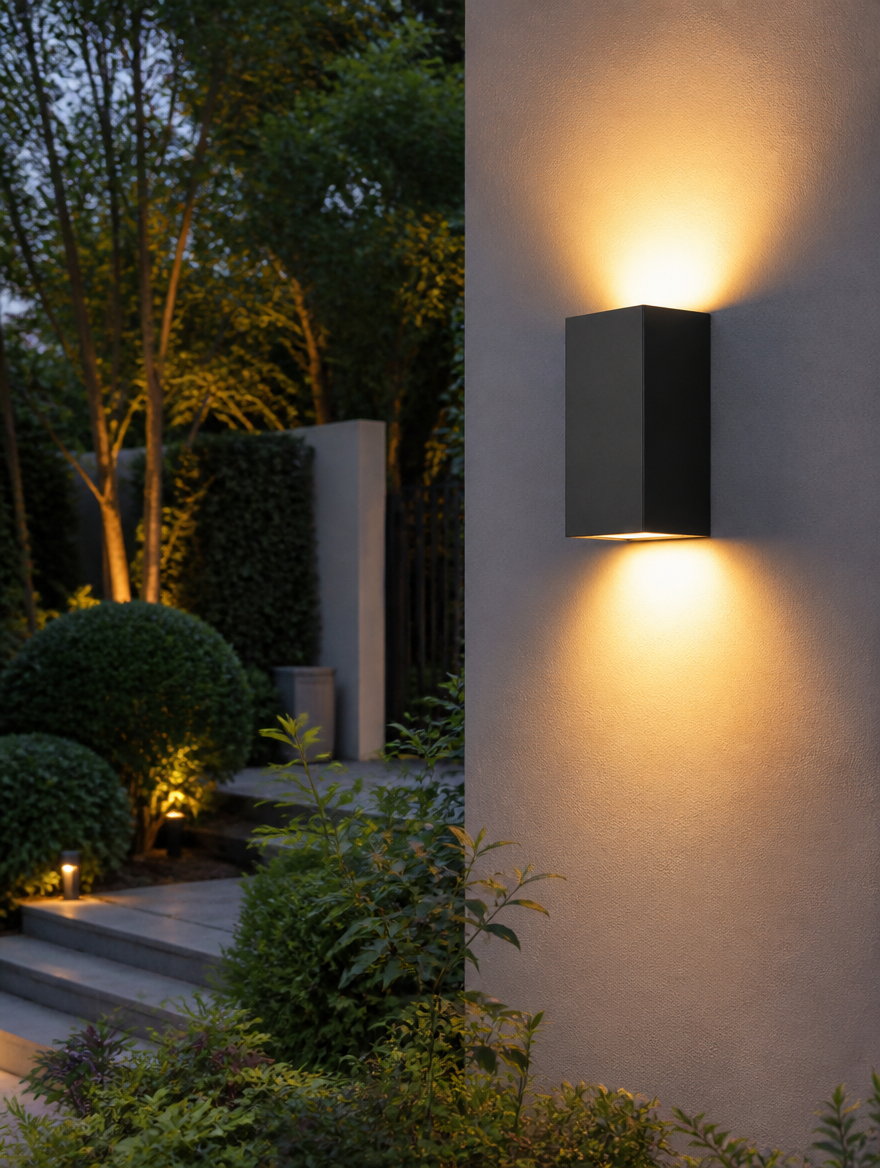 Waterproof LED wall sconce on garden wall at dusk