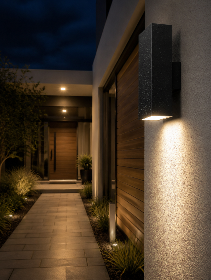 LED outdoor wall light on home entrance walkway