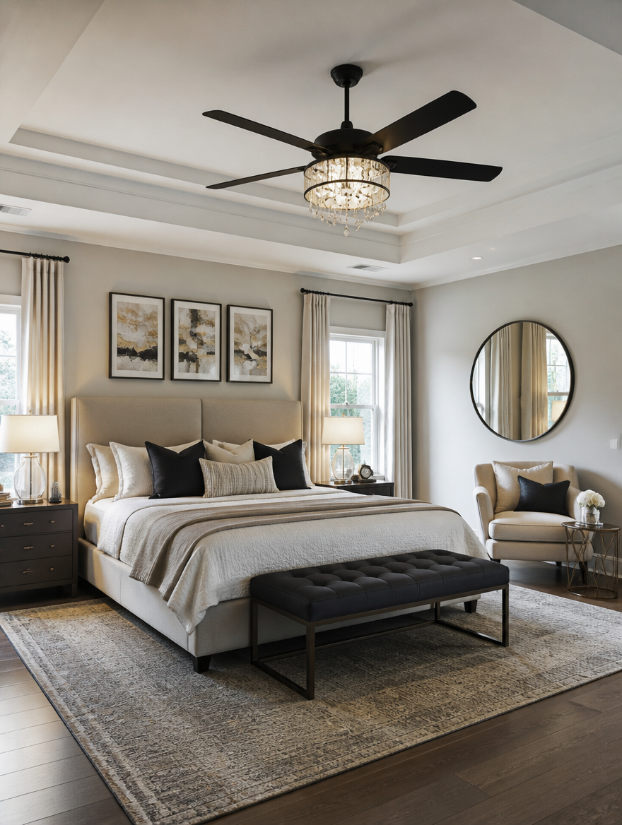 Black ceiling fan chandelier in master suite