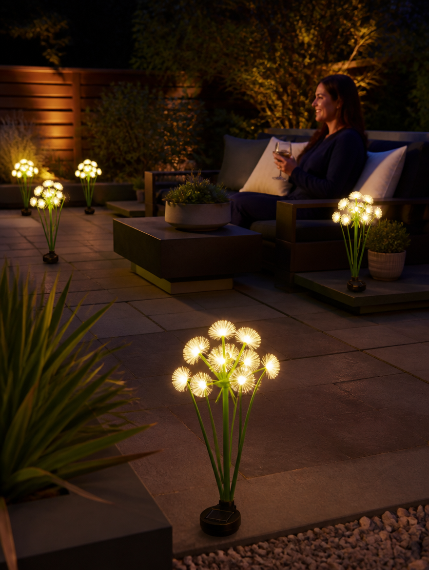 Solar scallion ball lights on backyard patio at night