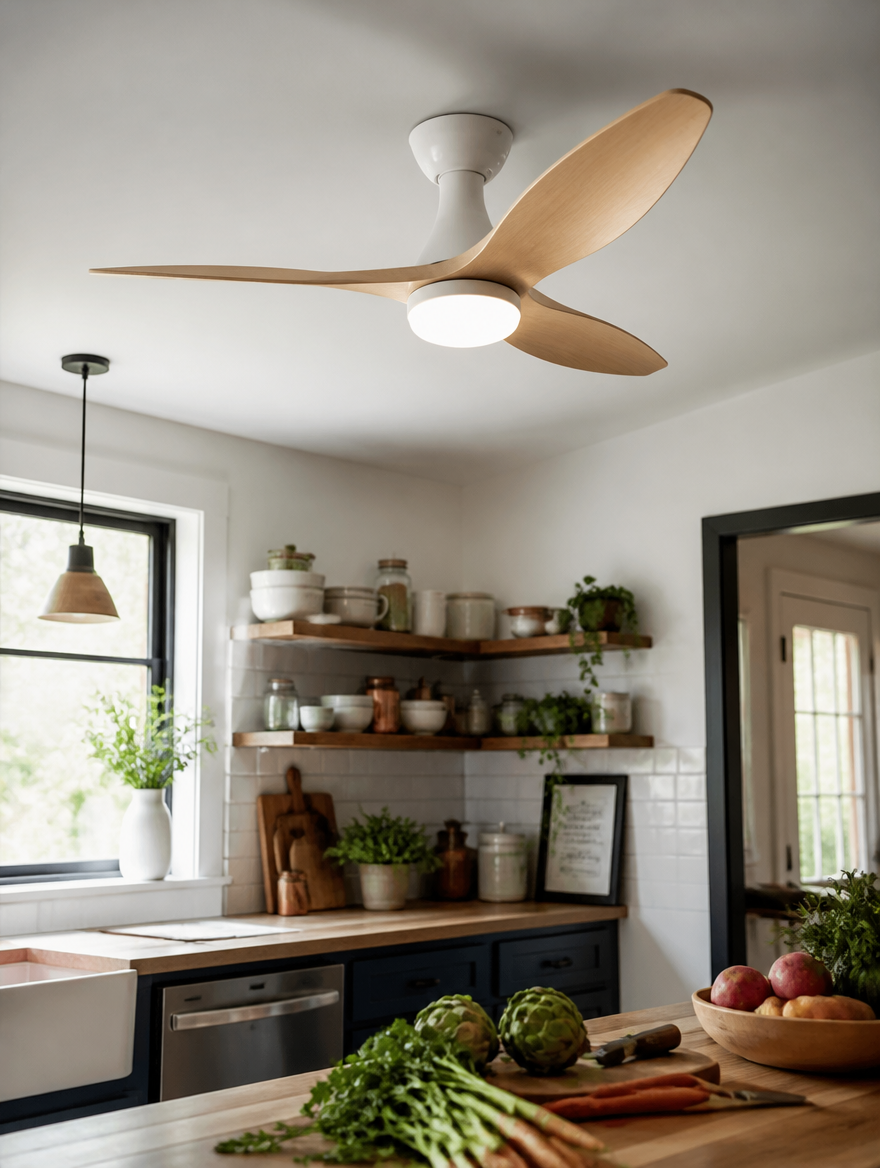 Compact ceiling fan with LED in cozy kitchen
