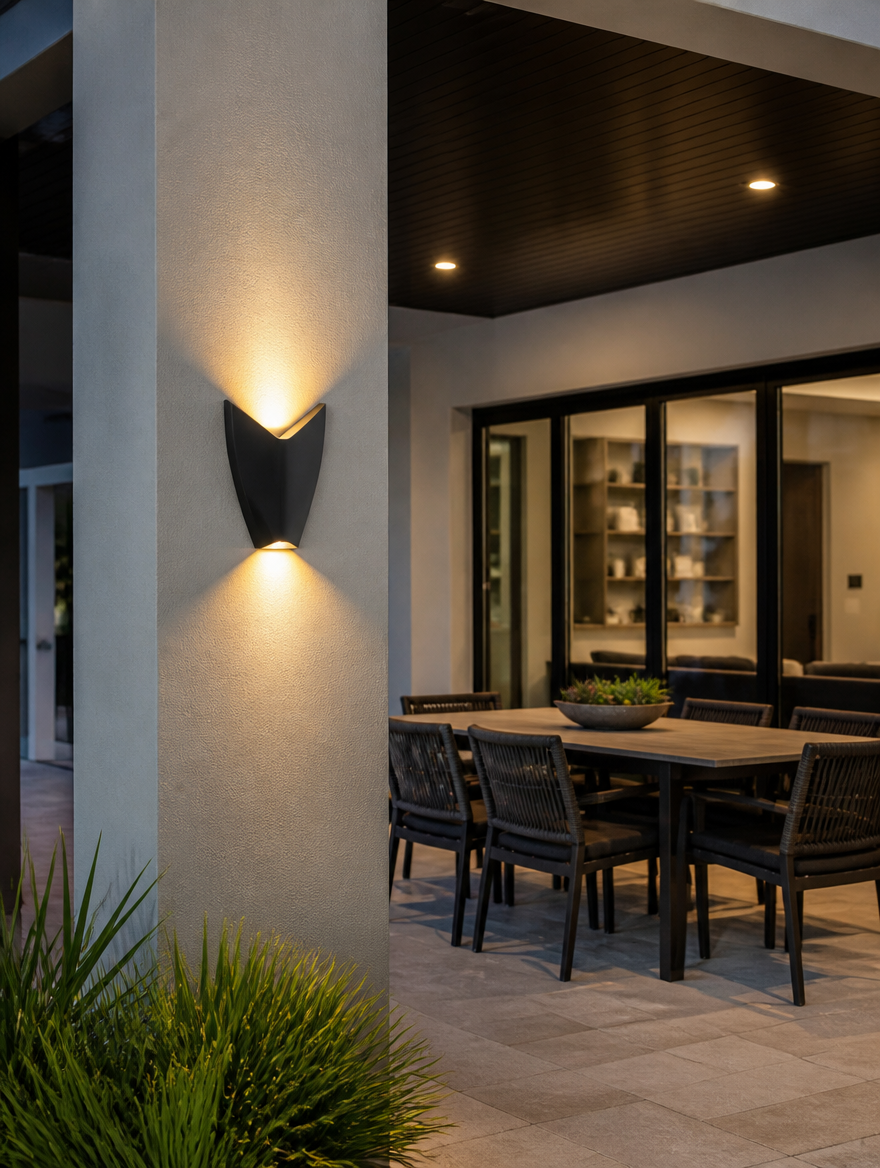V-Shape Modern Outdoor Wall Sconce - Mounted on stone wall