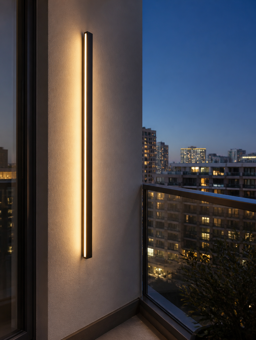 Long Strip LED Outdoor Wall Light - Balcony evening view