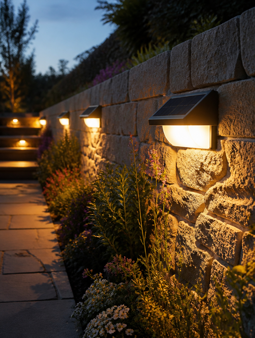 Solar Wall Sconce - Stone garden wall twilight