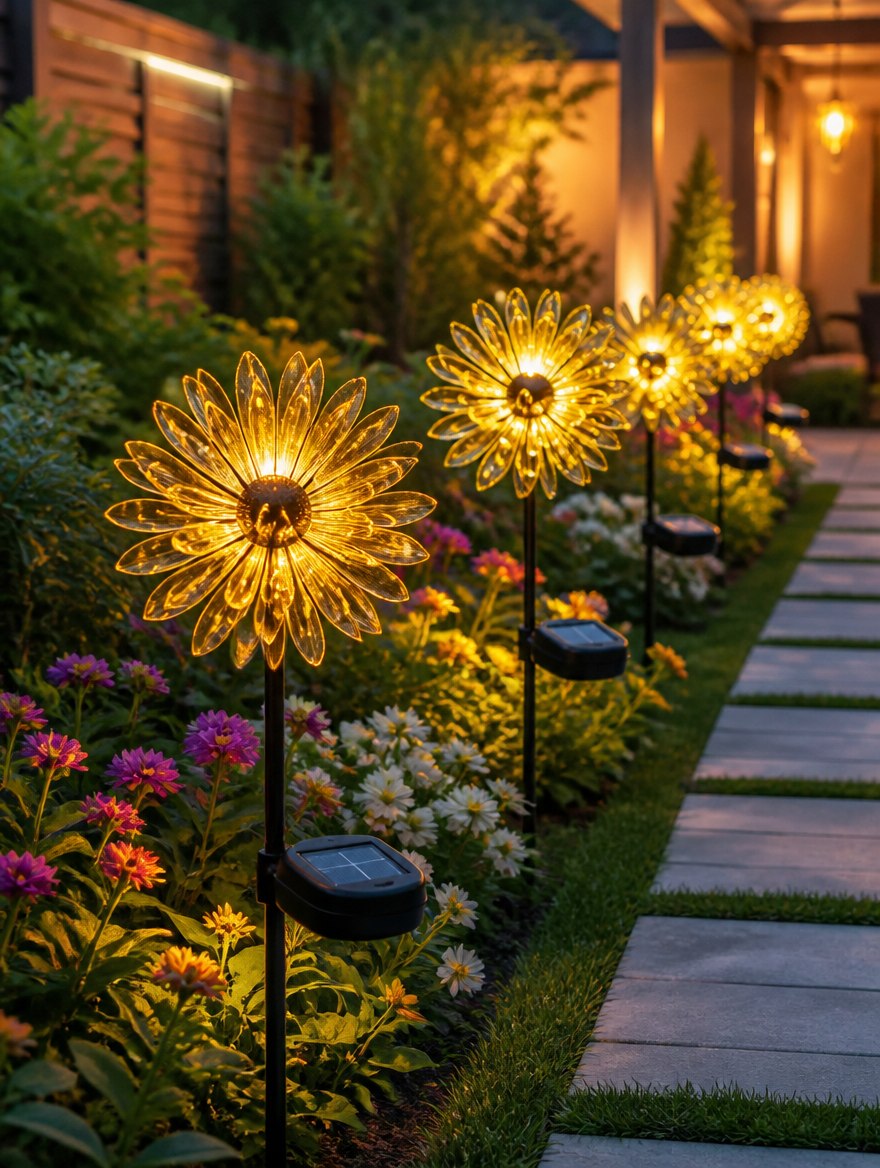 Solar Flower Garden Lights - Pathway at dusk