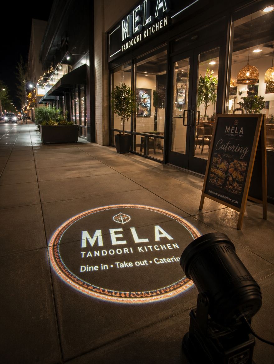 Custom Gobo Logo Projector - Restaurant sidewalk