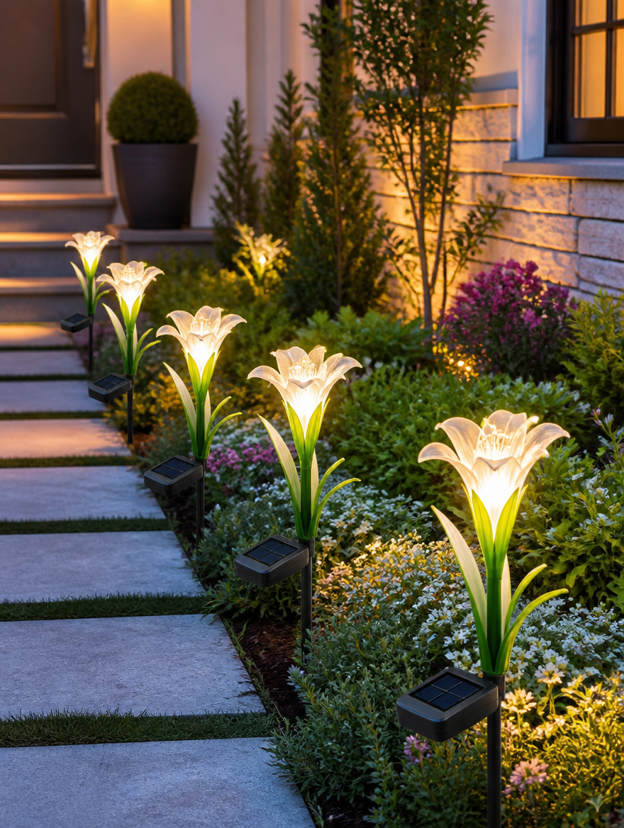 Solar Flower Garden Lights - Front yard evening