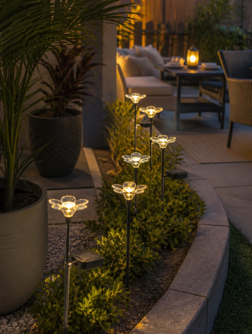 Solar Flower Garden Lights - Patio edge twilight