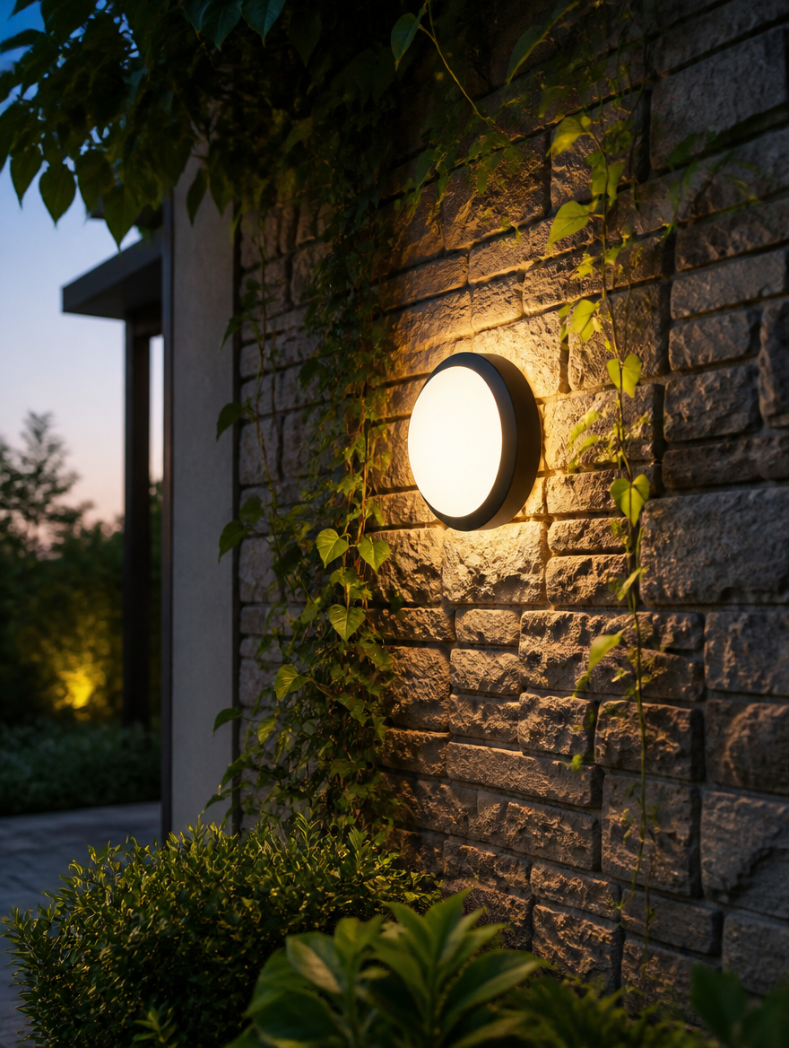 Round LED Outdoor Wall Light on garden fence at night