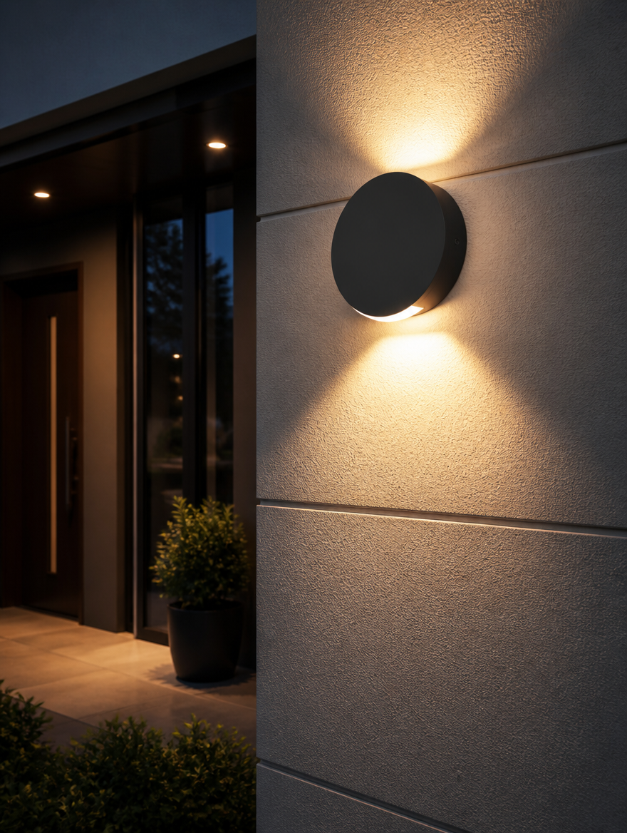 Round LED Outdoor Wall Light on modern home exterior