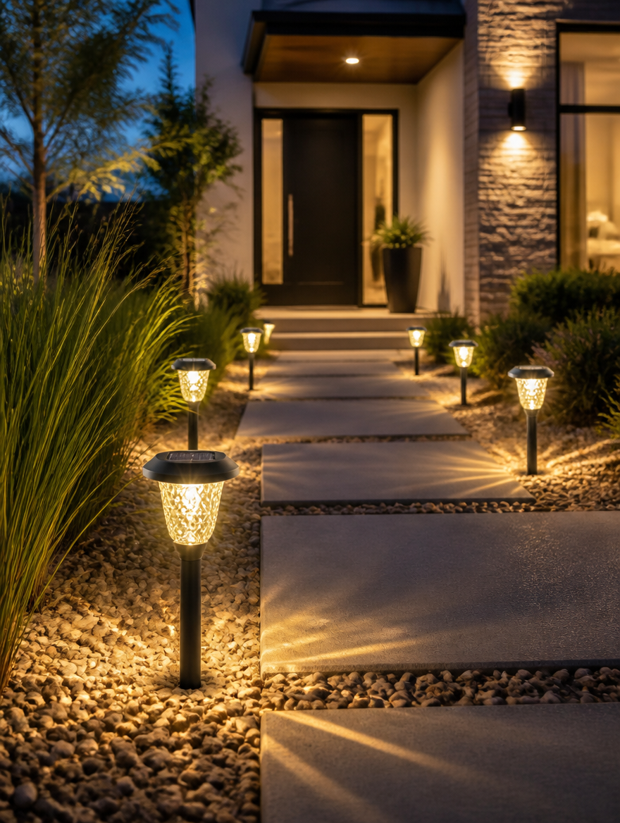 Bright LED Solar Pathway Lights in landscaped yard