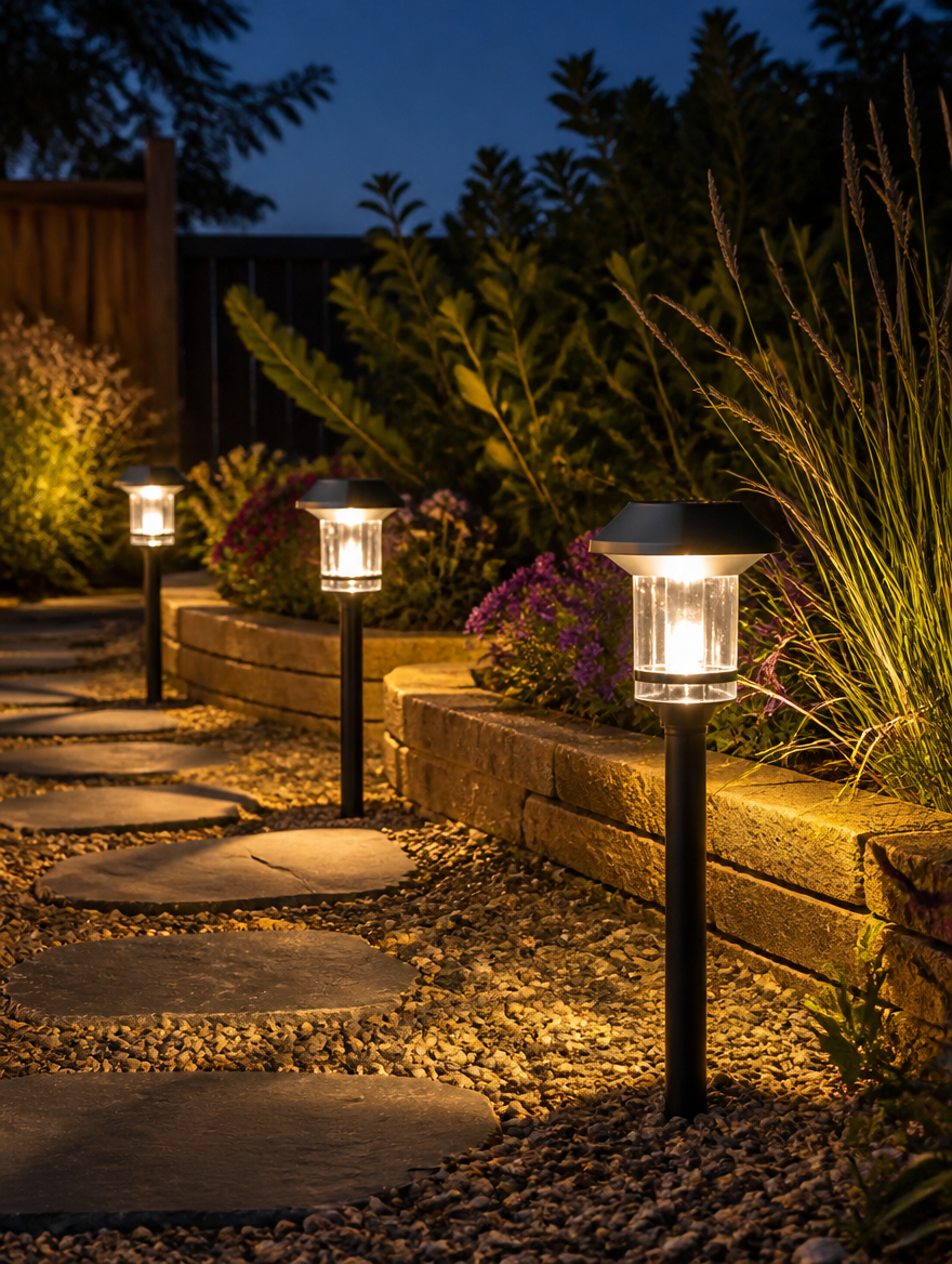 Bright LED Solar Pathway Lights illuminating driveway at dusk