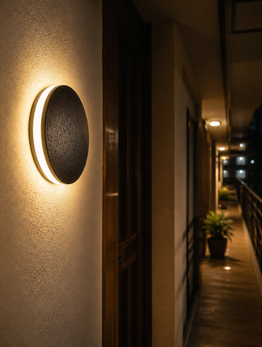 Round LED Outdoor Wall Light illuminating entryway