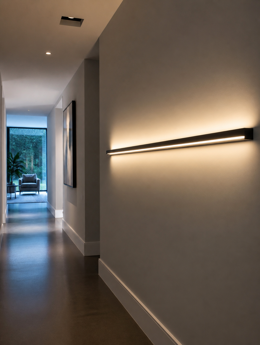 Long LED wall sconce in modern hallway