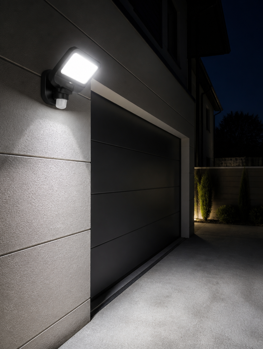 PIR Motion Sensor LED Floodlight on home garage exterior