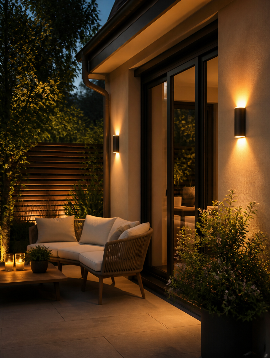 Waterproof LED wall lights on garden patio