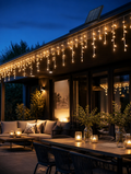 Solar curtain icicle lights on modern patio eaves