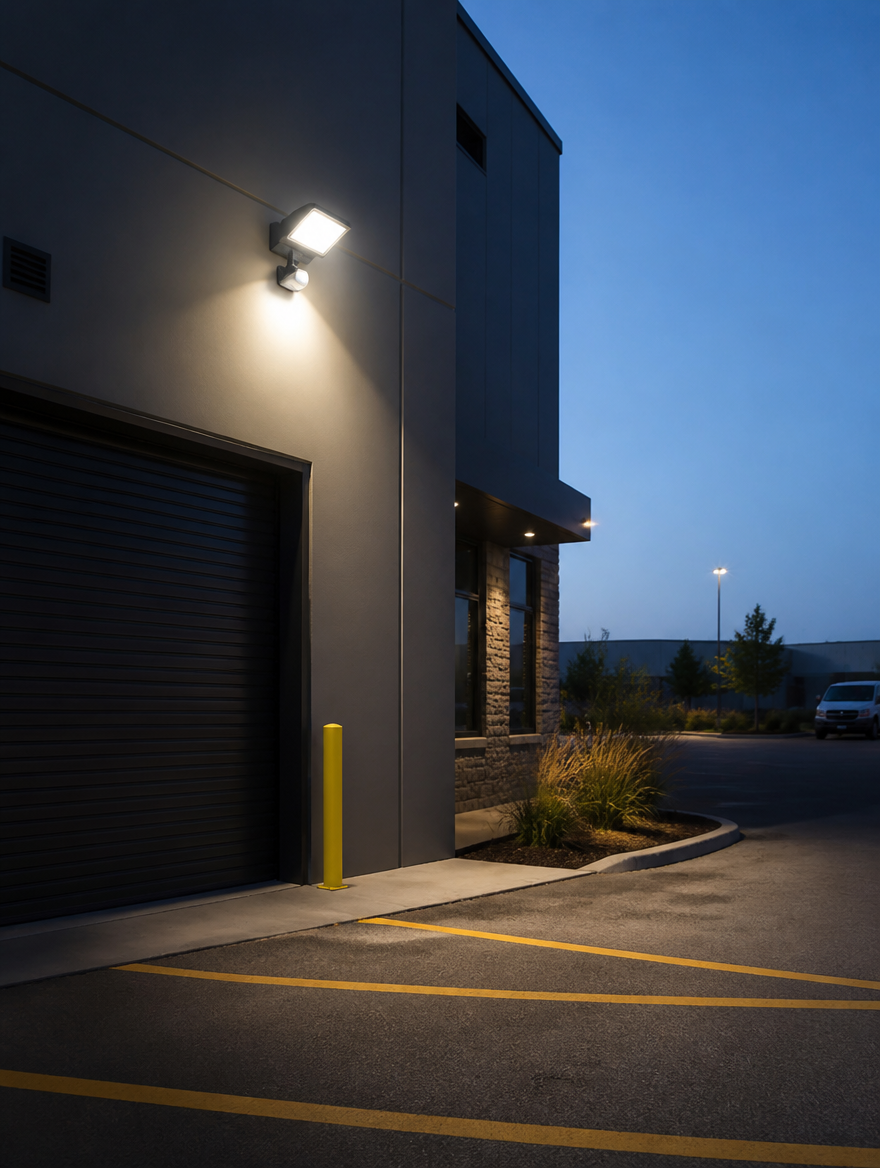 Motion sensor LED floodlight on commercial building
