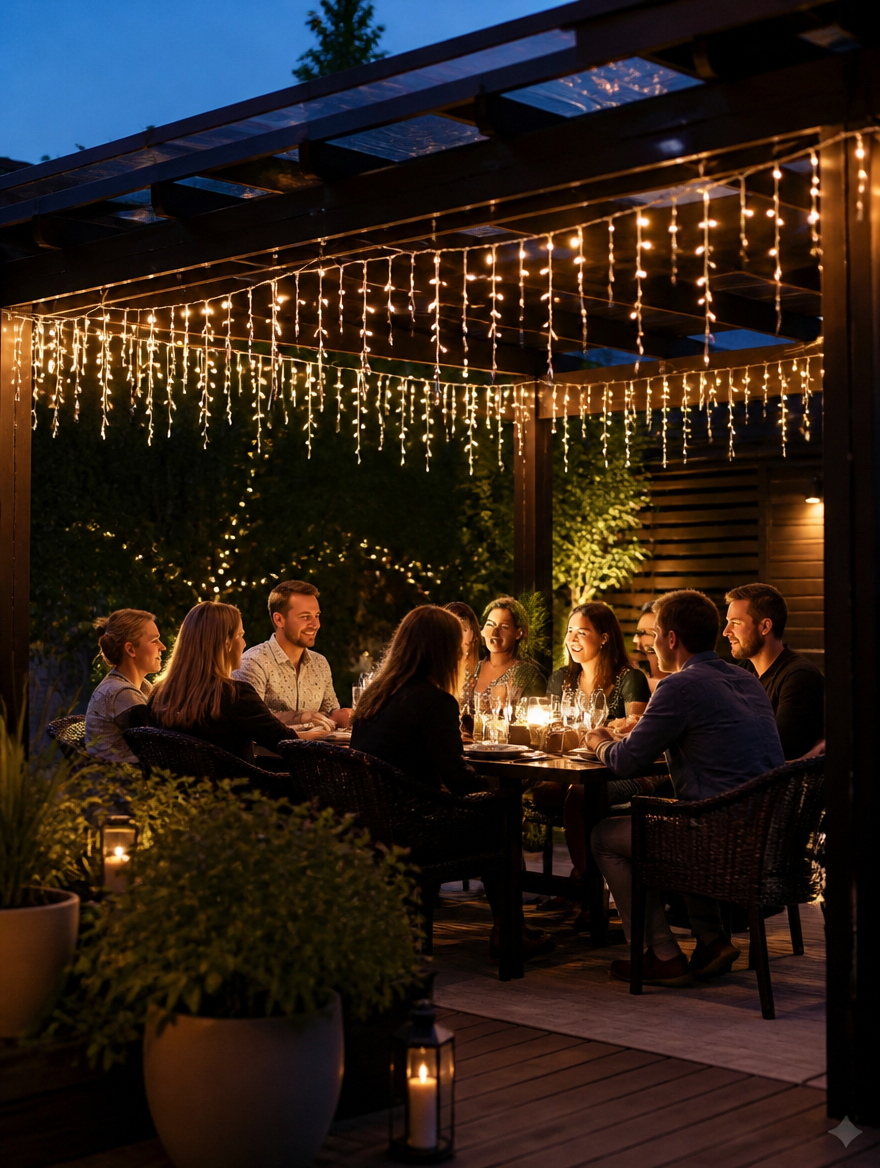 Solar icicle string lights on garden pergola at dinner party