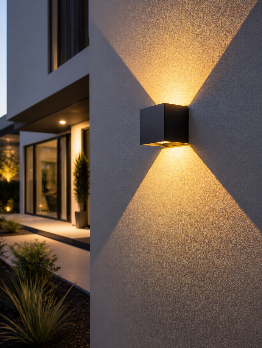 LED outdoor wall light on contemporary villa exterior
