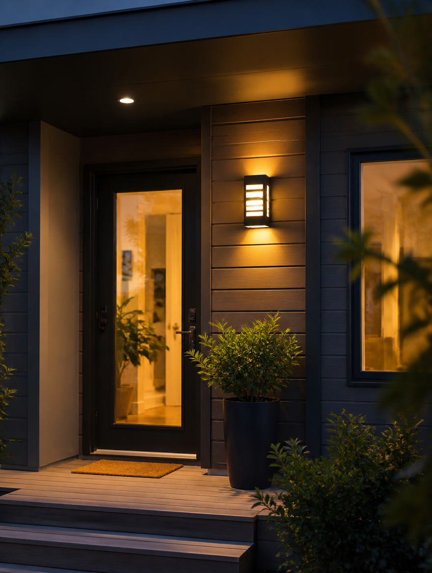 LED outdoor wall light on porch entrance