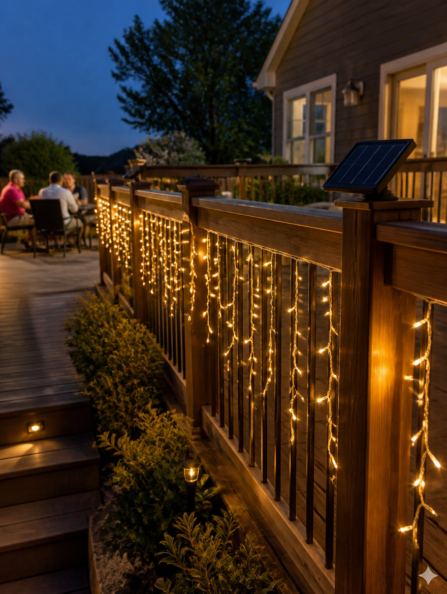 Solar curtain lights on backyard deck railing